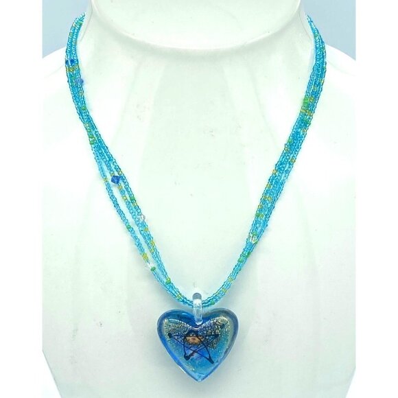 Glass Blown Blue Heart with Gold Star Art Multi-strand Beaded Glass Necklace - Picture 9 of 12
